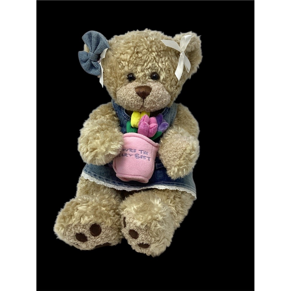 Build A Bear BAB Plush Teddy Bear Light Brown Shaggy Fur 13" W/Outfit Flowers